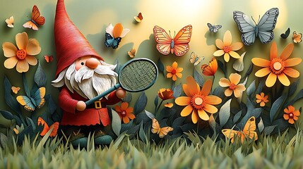 Naklejka premium A cheerful gnome holding a butterfly net, surrounded by butterflies and wildflowers in a grassy field, detailed paper-cut textures on the flowers and butterflies, sunlight casting soft shadows,