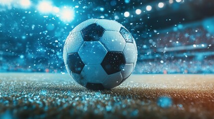 Fototapeta premium A close-up of a soccer ball on a vivid field during a rainy match at night