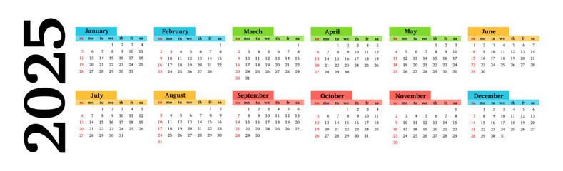 Calendar for 2025 isolated on a white background