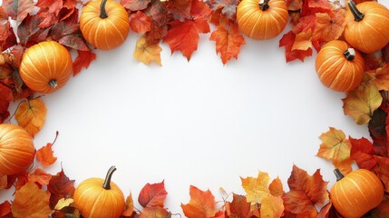 Autumn arrangement of pumpkins and colorful leaves on white background