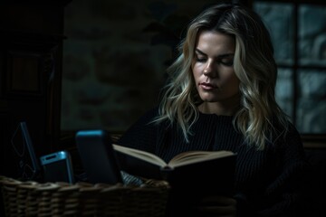 Digital detox  woman reads book at home  gadgets in basket.