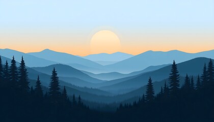 Obraz premium A simplistic illustration of a sunrise over a forest with mountains in the horizon