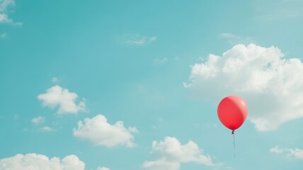Obraz premium Red balloon floating in clear blue sky with white clouds