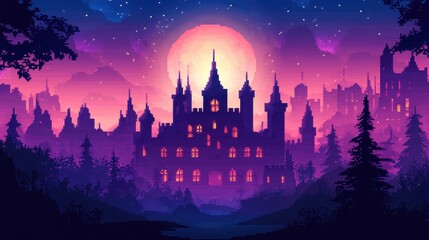 Fototapeta premium Retro Moonlit Castle in Pixel Art Style