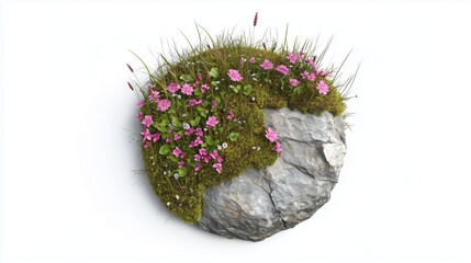 A vibrant rock formation adorned with lush green grass and blooming pink flowers in a peaceful natural setting