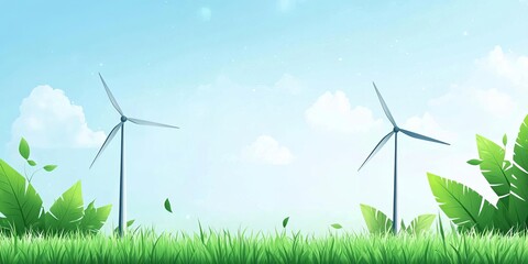 Wind turbines on green grass under a clear blue sky.