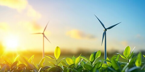 Wind turbines amidst greenery under a bright blue sky.