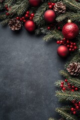Christmas decorations featuring red ornaments and pine on a dark background for holiday cheer
