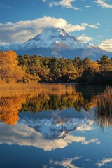 Obraz premium Majestic mountain reflected in calm lake surrounded by autumn foliage at sunset