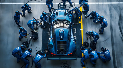 high-speed pit stop of a racing team changing tires with focused mechanics in blue uniforms
