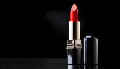A striking red lipstick stands elegantly against a black background. The image captures the essence of beauty, luxury, and sophistication, making it ideal for fashion and cosmetic theme