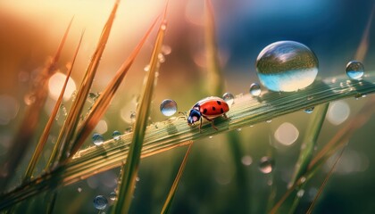 Photorealistic macro photography of a water droplet on a long grass leaf and a ladybug