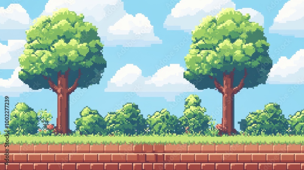 Poster simplified forest scene with blocky trees and bushes