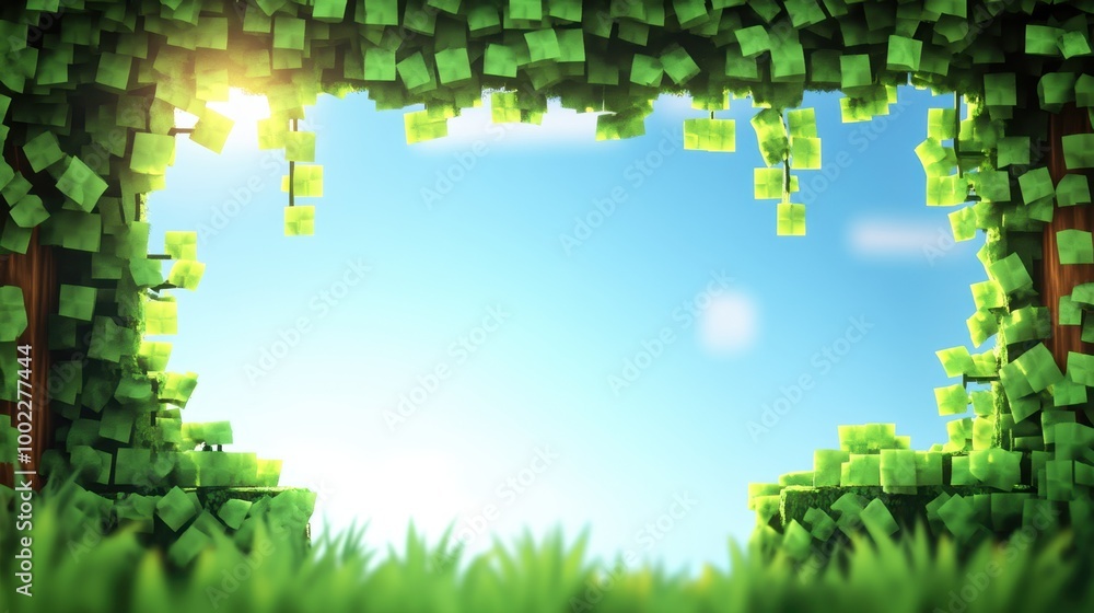 Poster simplified jungle scene with blocky trees and vines