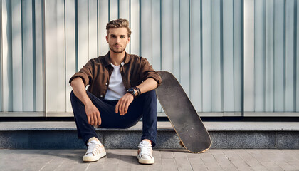 A young man sits casually with a skateboard, exuding a sense of style and urban lifestyle. His relaxed pose and trendy outfit highlight modern youth culture