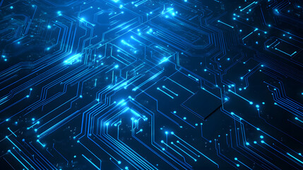 Blue Circuit Board Abstract Background with Glowing Lights and Technology Concept