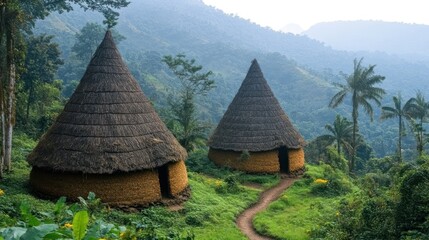 Two traditional conical thatched huts in a lush green valley with a winding path leading towards them.