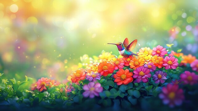   A Hummingbird Sits atop Colorful Flowers in a Field