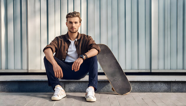 A young man sits casually with a skateboard, exuding a sense of style and urban lifestyle. His relaxed pose and trendy outfit highlight modern youth culture