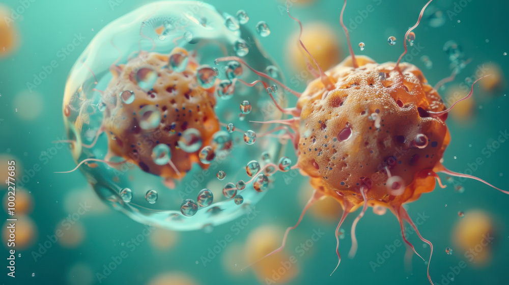 Poster close-up of two cells interacting in a colorful microscopic environment