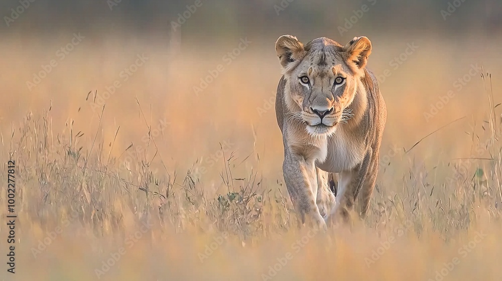 Wall mural   A lion walks through tall grass, its path blurred by nearby trees and bushes