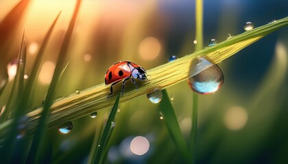 Photorealistic macro photography of a water droplet on a long grass leaf and a ladybug