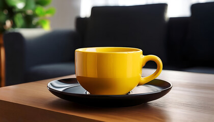 Fototapeta premium A vibrant yellow coffee cup sits on a black saucer, placed on a wooden table, creating a cozy and inviting atmosphere in a modern living room.