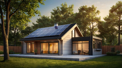 new suburban house with photovoltaic system on the roof. Modern eco-friendly passive house with solar panels on the gable roof, with sunlight in the afternoon