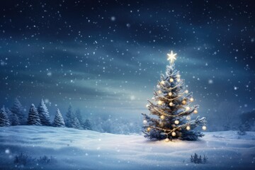 Christmas fir tree in snowy winter landscape