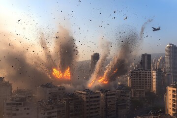 Aerial view of a powerful explosion in a densely populated urban area with flames, smoke, and debris against a cityscape at sunset.