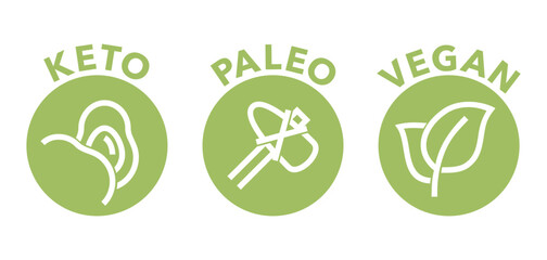 Diet types bold flat icons - Keto, Paleo, Vegan. Circular shapes