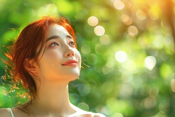 Naklejka premium Happy woman relaxing breathing in a park fresh air