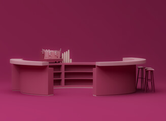3D render modern dark pink and deep red, viva magenta color with style cafe counter with espresso coffee making machine, stack of eco friendly paper cup. 