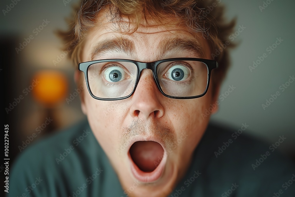 Aufkleber man with glasses is looking at the camera. he has a surprised expression on his face. man with a wow