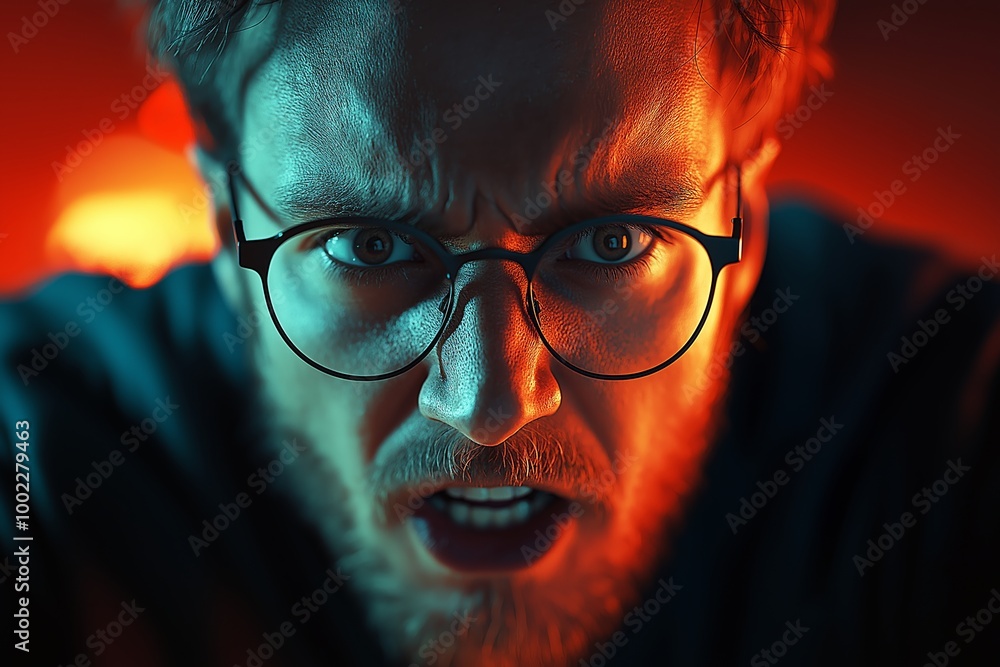 Poster man with glasses and a beard is looking at the camera. he has a surprised expression on his face. ma