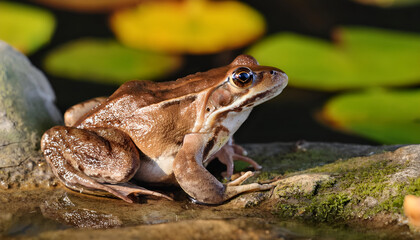 Obraz premium A detailed close-up of a frog sitting on a moss-covered rock by a pond, surrounded by green leaves, showcasing nature's beauty and wildlife