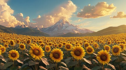 Fototapeta premium A golden field of sunflowers in bloom stretches towards a majestic mountain, with vibrant clouds and sunlight casting a warm glow over the landscape