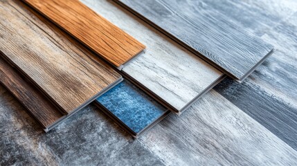 Assorted vinyl flooring planks displayed side by side, showcasing various textures and colors for design and renovation projects.