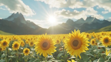 Obraz premium A golden field of sunflowers in bloom stretches towards a majestic mountain, with vibrant clouds and sunlight casting a warm glow over the landscape