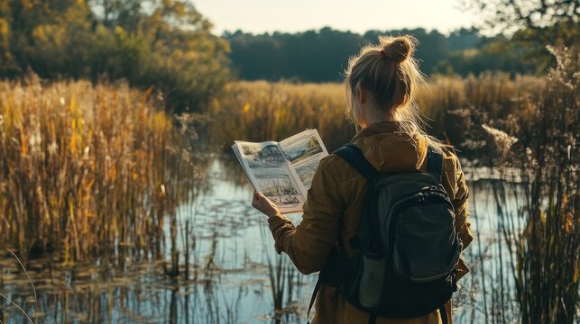 Woman with Backpack Reading a Book by a Pond