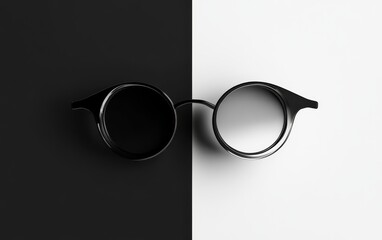 Black and white minimalist concept with round glasses, symbolizing contrast and balance. Creative art, simplicity, and duality theme.