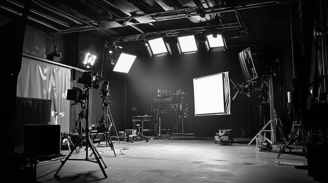 Fototapeta Black and white image of a professional photo studio with lighting equipment set up, ready for a photoshoot or filming session.