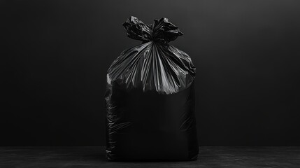 Black plastic garbage bag on dark background. Waste management and environmental concept. Studio shot with dramatic lighting.