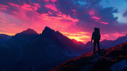 Obraz premium Hiker enjoys a breathtaking sunset while standing on a mountain trail in the Alps