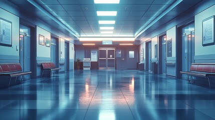 Fototapeta premium Bright and modern hospital hallway with patient rooms and decorative plants in a serene environment