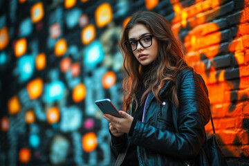 Young woman using a smartphone, surrounded by floating social media icons, bright and engaging interface, with copy space. Soft natural light. Modern, urban background.