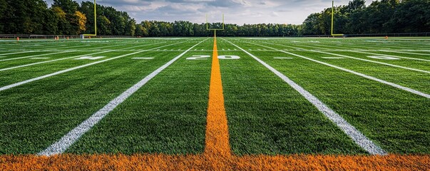 Vibrant football field with lush greenery and clear orange lines, perfect for sports imagery and athletic themes.