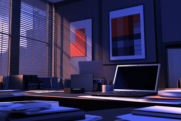 No people shot of a sleek modern office interior featuring a laptop, digital tablet, and a pile of documents neatly arranged on desk. 