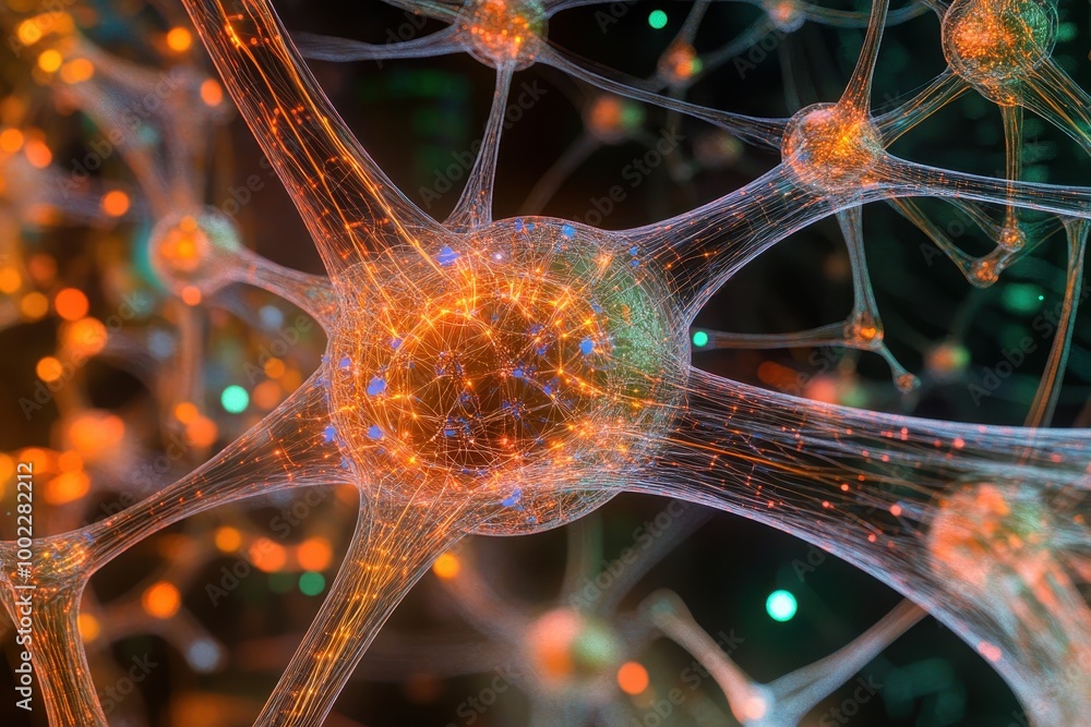 Poster detailed visualization of neurons transmitting signals in a digital representation of the brain's ne