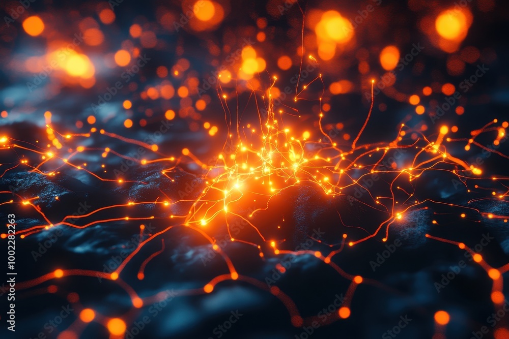 Poster dynamic orange light patterns representing neural connections on a dark surface in an abstract digit